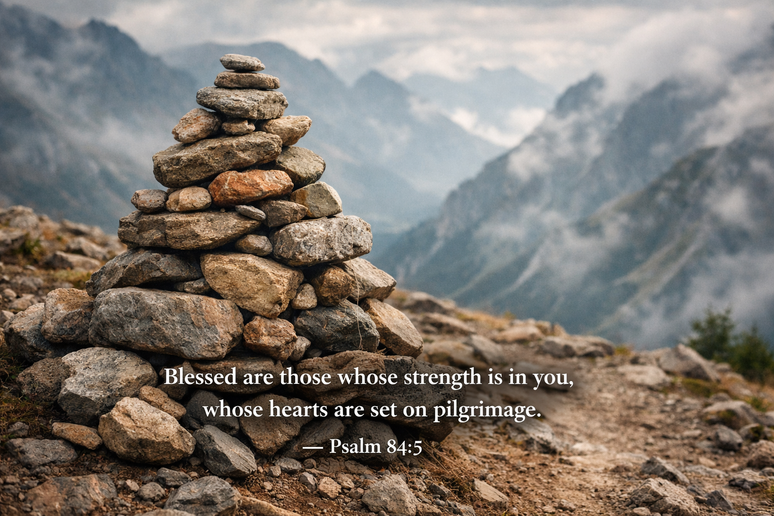 Psalm 84:5 — Hearts Set on Pilgrimage | Stone Cairn Trail Wallpaper